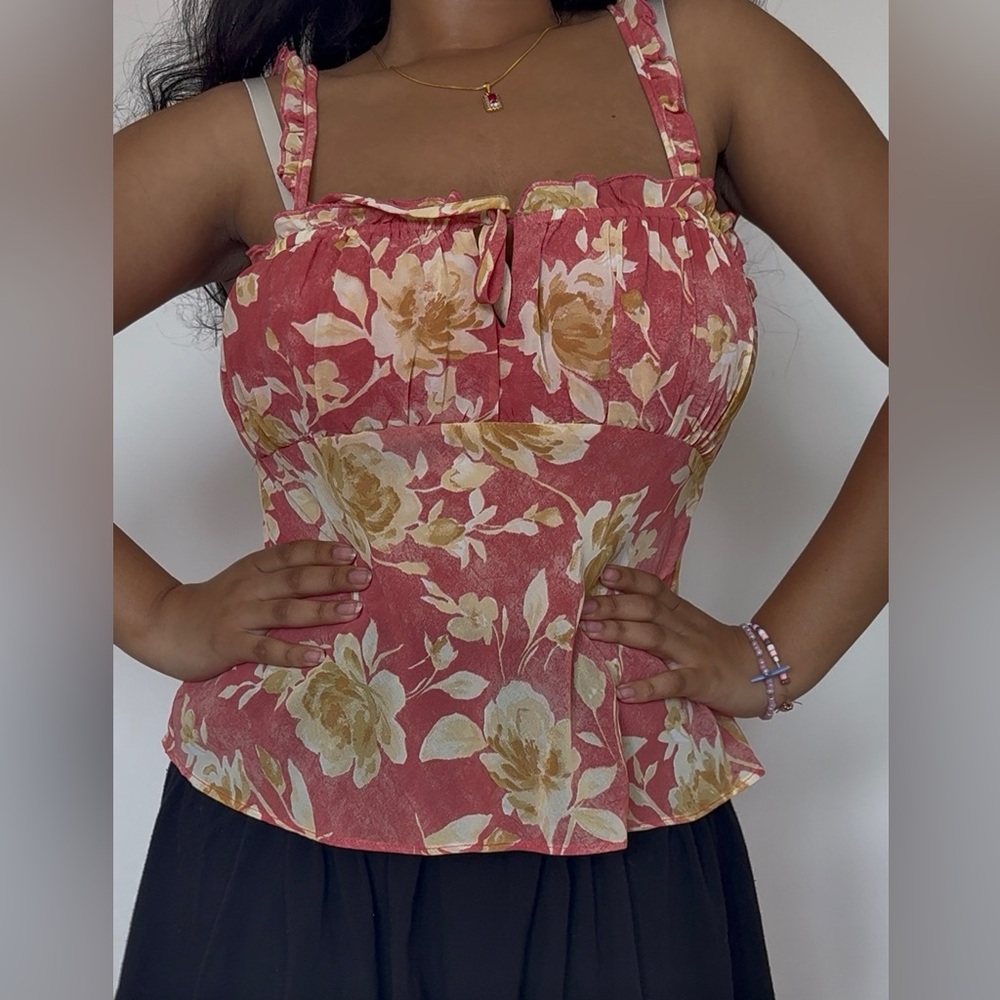 pink floral aesthetic summer flowy top with flower detail floral tank top